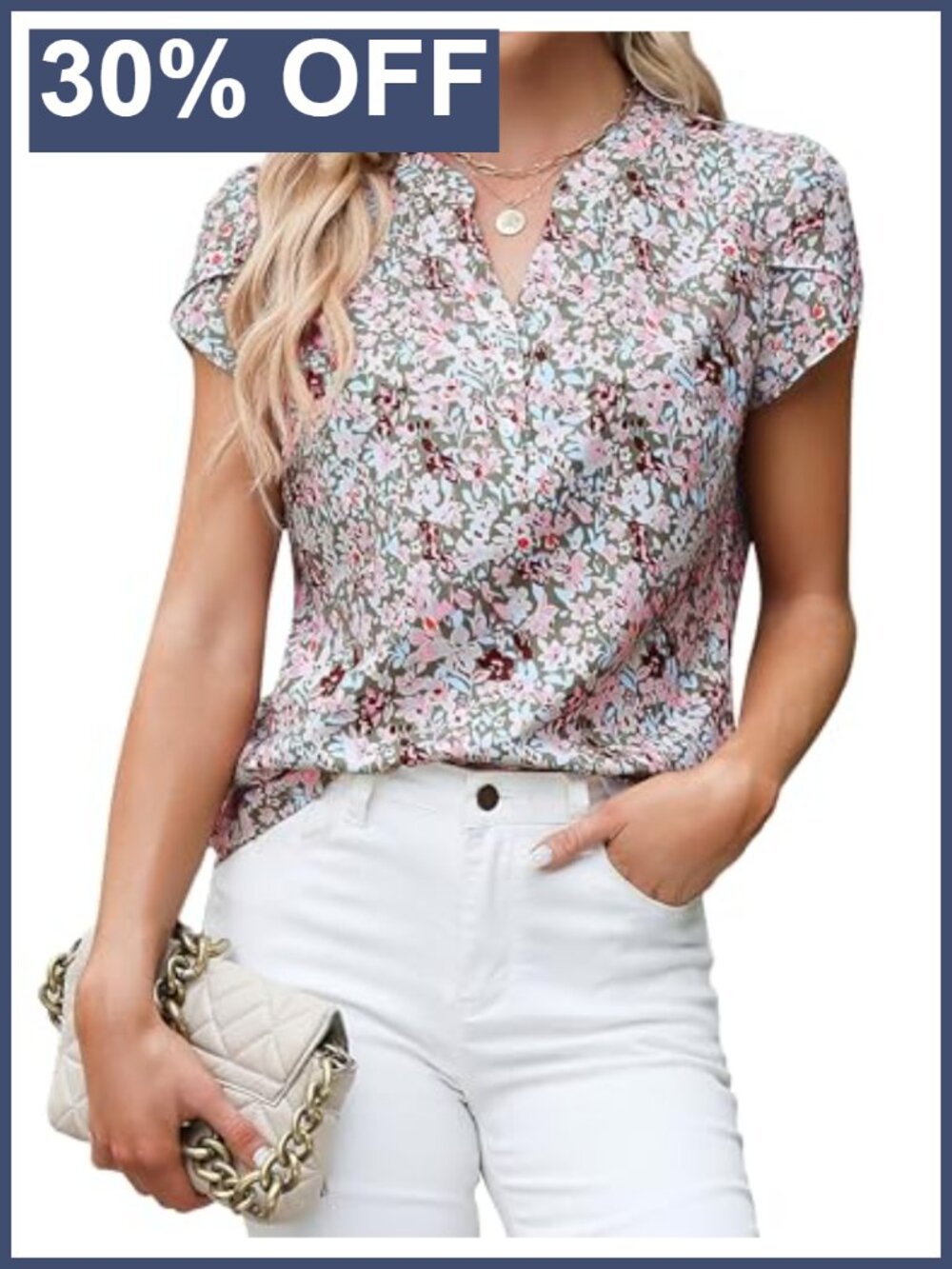 Split V-Neck Button Front Blouse Tulip Short Sleeve Capped Shoulder Work Top